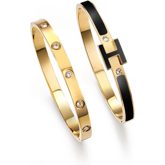 Trendy Gold-Black Stainless Steel Bracelet Stack with Cubic Zirconia Accents - Picture 1 of 6